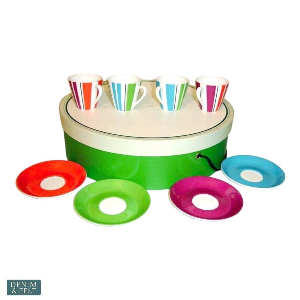 NEW Kate Spade‎ Collins Stripe Demitasse Cups Saucers Set of 4 Gift Box Colorful
